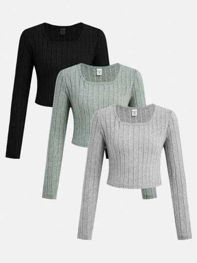 SHEIN 3 piezas Camisetas de manga larga de cuello alto de punto acanalado de talla extendida para niñas preadolescentes