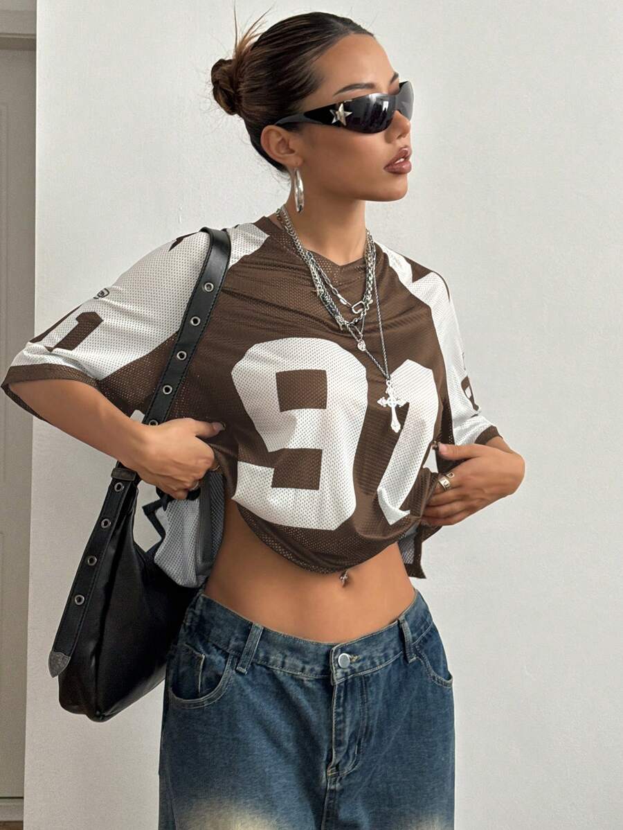Flirla Patchwork Solid Color & Number Print Mesh Splice Loose Sports T-Shirt, Spring&Summer Graphic Tees Women Tops - Coffee Brown - View 1