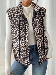 SHEIN Frenchy French Women's Leopard Print Sleeveless Quilted Puffy Warm Coat,Women's Leopard Print Sleeveless Quilted Padded Coat,Fall Women Clothes,Leopard Costume,Winter Clothes,Winter Clothes,