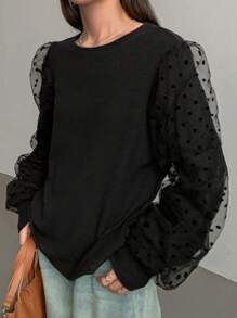 FRIFUL Women Fashion Polka Dot Mesh Contrast Black T-Shirt