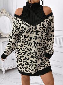 Celure Plus Size Women's Leopard Print Off Shoulder Long Sleeve Loose Straight Sweater Dress, Autumn/Winter