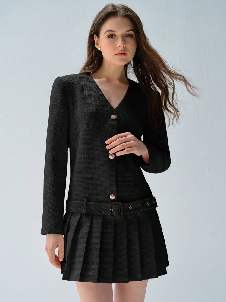 Women's Solid Color V-Neck Single-Breasted Pleated Hem Long Sleeve Elegant Short Dress
