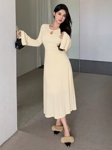 DAZY Women Solid Color Flare Sleeve Short Dress,Ruffle,Fall Clothes Long Sleeve Dress - Purple - View 3