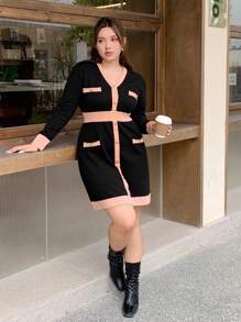 Dazy Petite Plus Plus Size Colorblock V-Neck Elegant Long Sleeve Knitted Sweater Dress,Fall Clothes