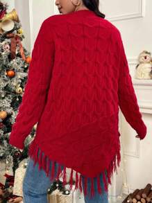 EMERY ROSE Plus Size Twist Rope Fringe Hem Pullover Sweater - Red - View 2