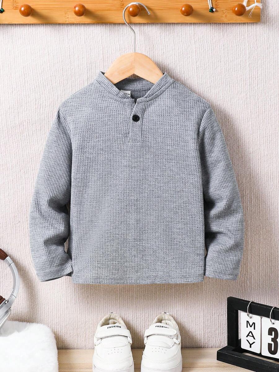 SHEIN Young Boy Casual V-Neck Textured Tee - Grey - View 1