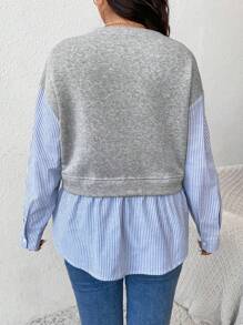 SHEIN CURVE+ 大码女式圆领长袖条纹印花弧形下摆拼布运动衫，秋装，秋季女式衬衫，秋季运动衫，法式领带 100% 纯棉蓝白条纹运动衫