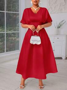 SHEIN Lady 大码红色褶皱腰 A 字型中长优雅连衣裙女士连衣裙秋季女士服装外出服装夏季连衣裙