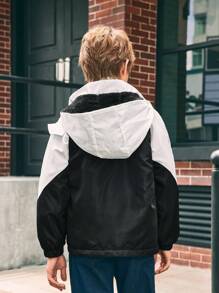 SHEIN Tween Boy 拼色袋鼠口袋连帽棉服外套，冬季 - 黑與白 - 查看 2