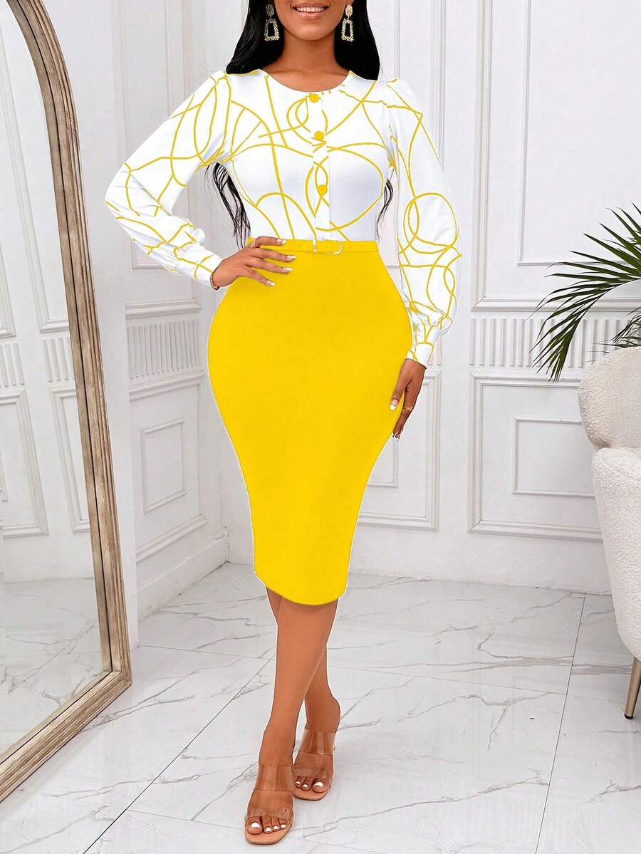 SHEIN Lady Váy bó sát tay dài in họa tiết chắp vá, mùa thu - Màu vàng - Xem 1