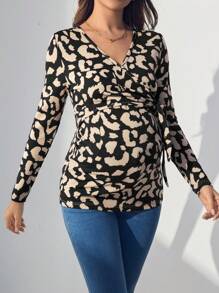 SHEIN Maternity Leopard Print Side Tie Waist Long Sleeve Slim Fit T-Shirt