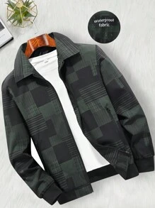 Manfinity Homme Men's Turn-Down Collar Zipper Outdoor Windbreaker Jacket, Plaid Print