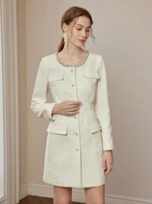 MOTF PREMIUM FLAP DETAIL SINGLE BREASTED PLACKET DRESS - White - View 14