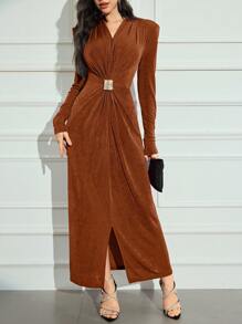 Modelyn Women's Long Sleeve V-Neck Rhinestone Embellished Waist Dress, Spring And Autumn Long Evening Dresses - Brown - View 6