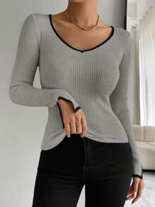 Chiquease 黑色饰边袖口开衩休闲修身女式毛衣、长袖上衣