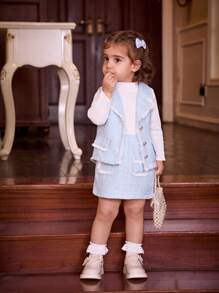SHEIN Baby Girls' Turtleneck Long Sleeve Top, Sleeveless Vest And Skirt Set, Fall/Winter 2024 New Arrival, Elegant, Fashionable, Comfortable And Cute - Blue - View 9