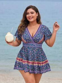 Swim Lushoire Plus Size Short Sleeve V-Neck Printed 2pcs Swimwear Set