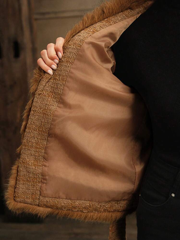 Solid Color Fuzzy Panel Long Sleeve Tie Front Minimalist Jacket, Casual Daily Wear