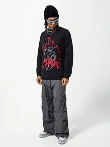 SHEIN Teen Boys' Flame Pattern Knit Sweater With Crew Neck Design