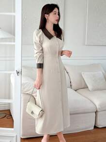 DAZY Elegant Patchwork PU Leather Collar Single-Breasted Lace-Up Waist Long Sleeve Dress
