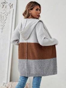 Chiquease Cardigan long à capuche avec blocs de couleur à manches longues pour femmes, vêtements d'automne/hiver