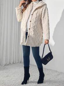 SHEIN Maternity Solid Button Front Hooded Fleece, Hooded Fleece Jacket, For Winter