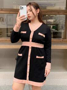 Dazy Petite Plus Plus Size Colorblock V-Neck Elegant Long Sleeve Knitted Sweater Dress,Fall Clothes