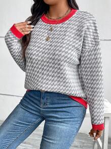 SHEIN LUNE Plus Size damski swobodny sweter w kratę z kontrastowym wykończeniem, jesień/zima, Boże Narodzenie, odzież damska - Wielokolorowe - Zobacz 6