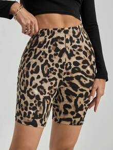 SHEIN Tall Women's Leopard Print Leggings Shorts - Brown - View 7