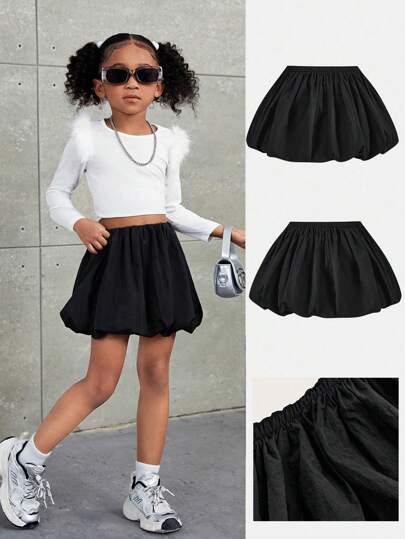 SHEIN 年轻女孩休闲纯色风衣面料低腰迷你泡泡裙，返校服装，运动风格，街头风格，母女搭配，适合圣诞节，非常适合秋冬季休闲日常穿着和学校日常穿着