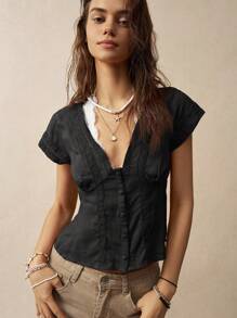 Bohemela Lace Patchwork Vacation Shirt For Women - Black - View 7