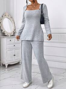 SHEIN 2pcs Plus Size Women Elegant Casual Commuter Comfortable Solid Crew Neck Long Sleeve Ribbed Knit Top And Wide Leg Pants Set