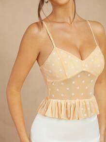 L'Amorae Sheer Mesh Polka Dot Top With Ruffle Hem - Apricot - View 6