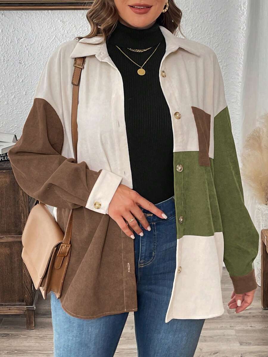 SHEIN LUNE Große Größen Kord Farbblock Lose Hemd - Braun - Übersicht 1