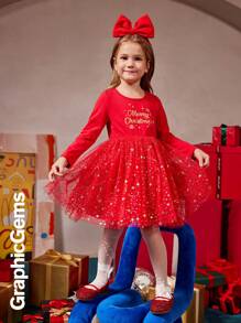 年轻女孩圣诞雪花印花长袖金属网眼撞色连衣裙，圣诞连衣裙