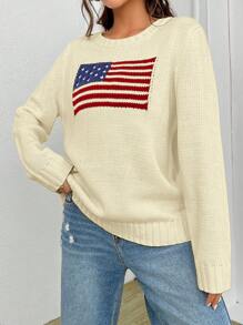 SHEIN EZwear 宽松休闲秋季美国国旗图案毛衣 - 杏色 - 查看 3