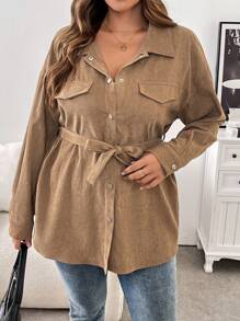 SHEIN Frenchy Abrigo largo de pana con botones, de manga larga, informal, en talla grande, color marrón, para otoño/invierno