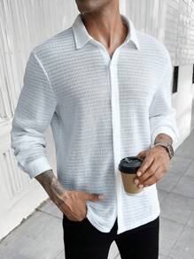 Manfinity Homme 男士白色纽扣长袖休闲衬衫，春季/秋季 - 白色 - 查看 1