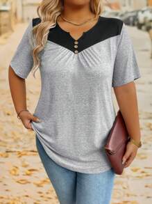 SHEIN LUNE Áo thun tay ngắn màu tương phản cổ chữ V mùa hè cỡ lớn cho nữ - Xám - Xem 3