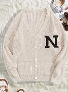 RueChic Men 2 Pockets Letter Pattern Regular Knitwear Cardigan - White - View 1