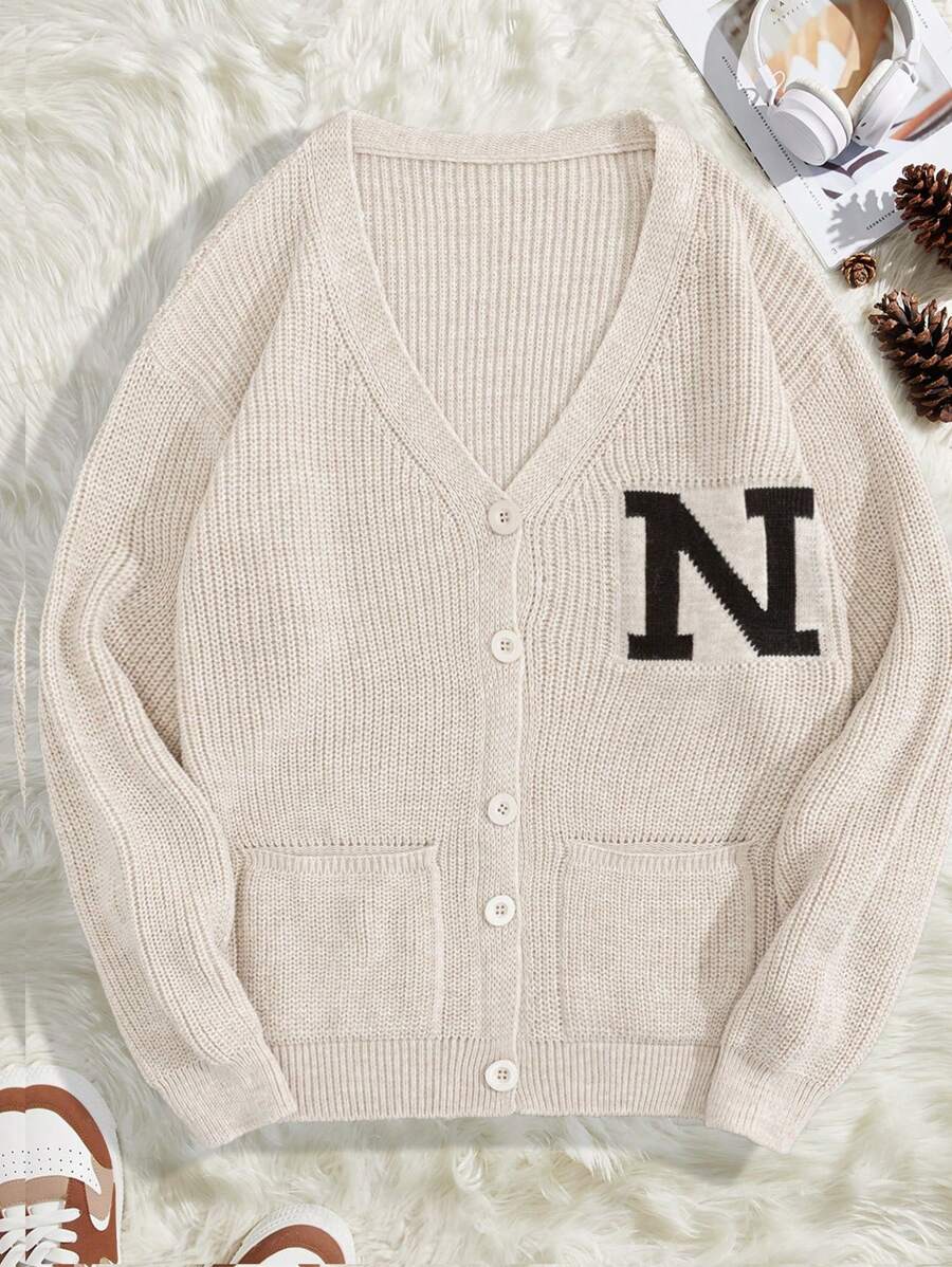 RueChic Men 2 Pockets Letter Pattern Regular Knitwear Cardigan - White - View 1