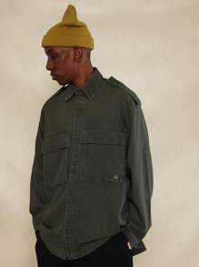 SUMWON Boxy Longline Utility Denim Shirt With Shoulder Tab Detail - Army Green - View 1