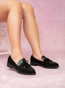 CUCCOO CURVES Giày đế xuồng đế dày màu đen trơn mũi nhọn buộc dây Oxford đế bệt rộng cho nữ, ngày lễ năm mới bốn mùa Valentine - màu đen - Xem 9