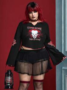 IT x SHEIN 大码哥特式风格时尚休闲缺口领针织修身小丑、字母、蜘蛛网图案印花女式 T 恤，秋季万圣节 - 黑色 - 查看 3