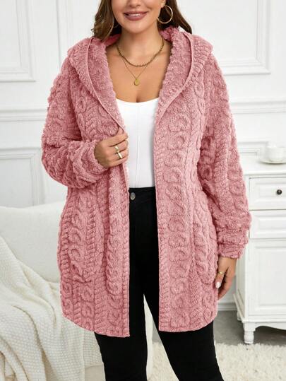 Enliva Plus Size Heart Pattern Reversible Fleece Hooded Front-Zip Coat, Fall/Winter Autumn
