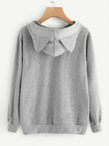 INAWLY Áo nỉ trùm đầu dài tay in hình mèo hoạt hình cho nữ, mùa thu/đông - Màu Xám nhạt - Xem 2