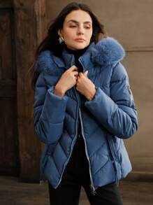 Anewsta Women's Fashionable Minimalist Solid Color Zip-Up Fluffy Trim Hooded Casual Jacket - Blue - View 6