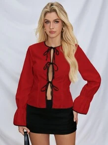 SHEIN Essnce Women Colorblock Cuff Casual Flared Lantern Sleeve Blouse, Spring/Autumn