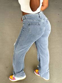 Young Fashionable American Street Style Multiple Logo Print Jeans - Medium Wash - View 2