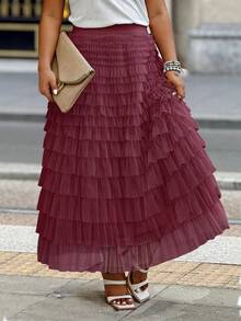 Plus Size Women Multi-Layer Mesh Ruffle Hem Skirt - Burgundy - View 5